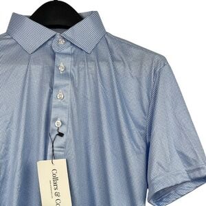 NEW Collars & Co Dress Collar Polo Mens M Performance Blue White Houndstooth $82